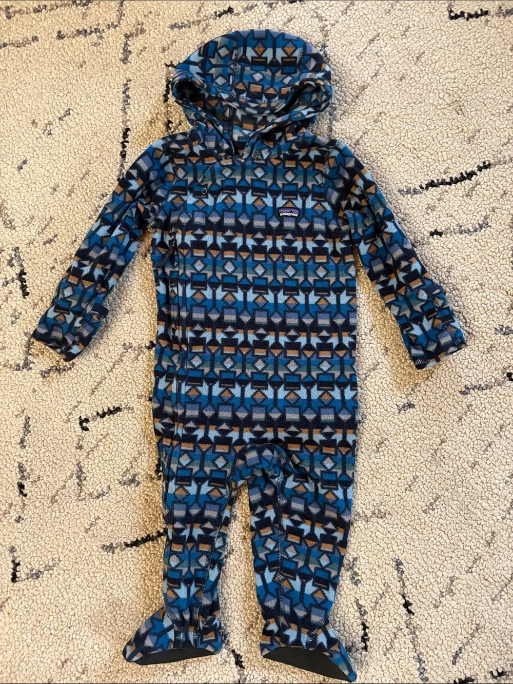 Patagonia Blue Geometric Hooded Fleece Romper 6-12m EUC